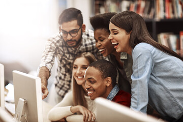 Friends, computer and students learning at library for education, knowledge or test preparation in college. University research, group and internet for studying, project notes and online exam report