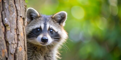 Fototapeta premium Curious Raccoon Peeking from Behind a Tree, Close-up Portrait, Wildlife, Nature, Forest