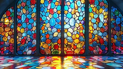 Sunlight streams through a vibrant stained glass window, casting colorful reflections. - Powered by Adobe