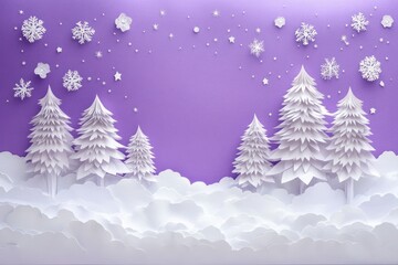 Obraz premium Papercraft Winter Landscape with Snowflakes and Trees