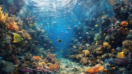 Naklejka premium Underwater Paradise: Vibrant Coral Reef with Fish