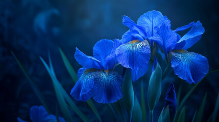 Stunning blue iris flowers captured in a dramatic, nighttime setting.