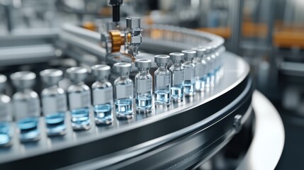 Vials Moving on a Conveyor Belt in a Pharmaceutical Production Line