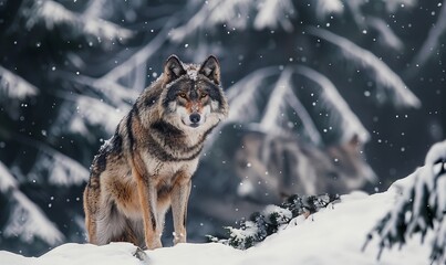 Fototapeta premium Majestic Wolf in a Snowy Forest During a Gentle Snowfall at Dusk