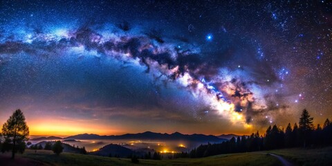 Naklejka premium Milky Way Arcing Over Mountainous Landscape, Night Sky, Stars, Mountains, Milky Way