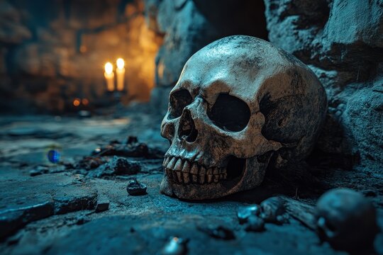 A haunting scene of a skull in a dimly lit cave with candlelight in the background, suitable for themes of mystery, horror, and archaeology,