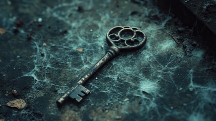 An old, rusted key lies among cobwebs on a dark, weathered surface, suggesting mystery, forgotten places, or hidden secrets useful for themes of history, mystery, or antiquity,