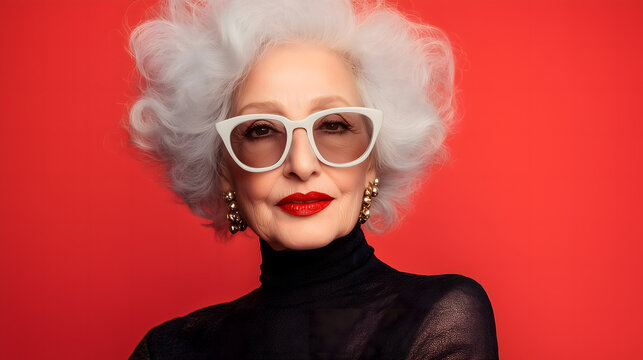 Retrato de mujer mayor con cabello blanco, gafas y labios rojos