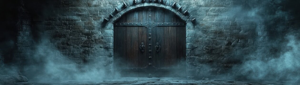 An old, wooden door set in a medieval stone wall, surrounded by eerie fog perfect for fantasy or horror themes, atmospheric storytelling, and historical contexts,