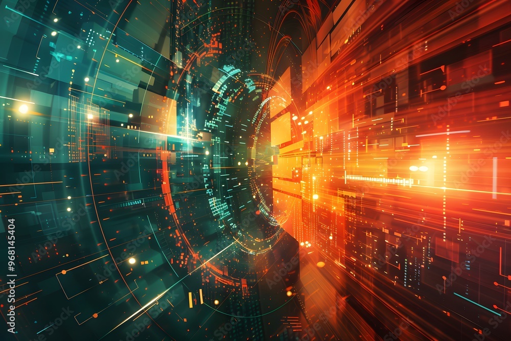 Poster dynamic digital landscape with vibrant light trails and data patterns