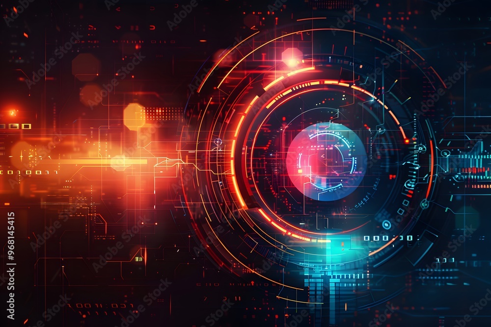 Poster futuristic digital interface with vibrant circles and data patterns