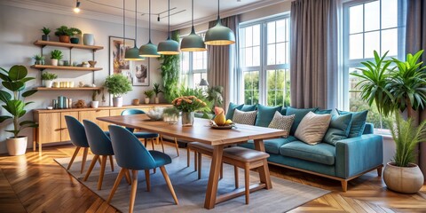 Fototapeta premium Modern Dining Room with Teal Sofa and Wooden Accents, Interior Design, Home Decor, Furniture