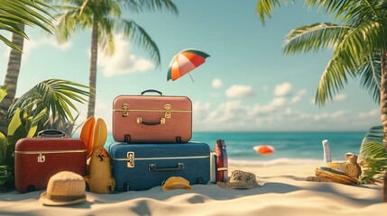 On the sand of an exotic island, suitcases and beach accessories are arranged.