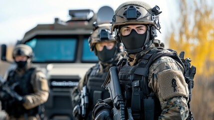 Military personnel in tactical gear standing guard near an armored vehicle in a rural setting