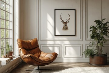 Modern Scandinavian Living Room: Minimalist Decor with Deer Art Print