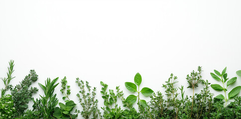 Green herbs and plants on a white background, a flat lay with copy space. Space for text or banner design.
