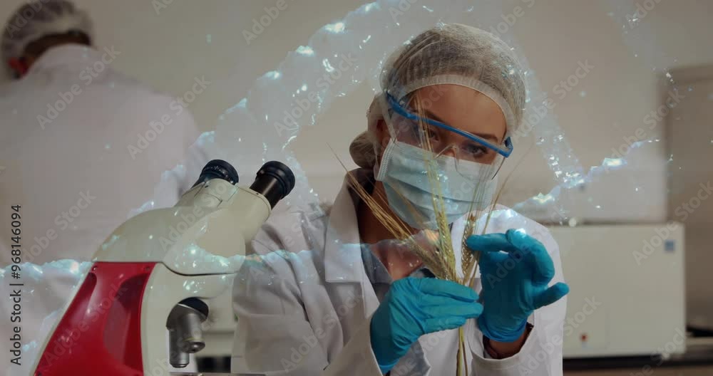 Poster animation of dna strand and data processing over biracial female scientist in laboratory