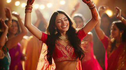 Joyful Indian woman dressed in traditional attire dances at a lively Sangeet celebration, surrounded by vibrant colors, music, and festive lights, radiating happiness and cultural richness.