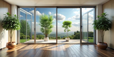 Fototapeta premium Modern Interior with Sliding Doors and Green Views, Interior Design, Home Decor, Minimalism