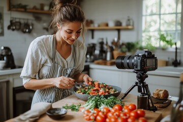 Woman food blogger cooking a cake and filming himself with a camera on a tripod. Food blogging and content creation in the kitchen.