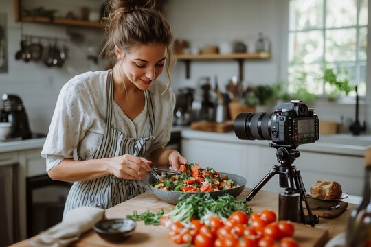 Woman food blogger cooking a cake and filming himself with a camera on a tripod. Food blogging and content creation in the kitchen.