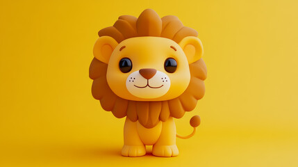 Obraz premium Cute cartoon lion with a big mane and friendly expression standing on a bright yellow background with copy space, children's media, educational content, and playful marketing campaigns