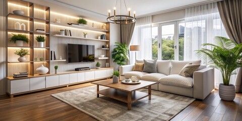 Modern Living Room Interior Design with Wooden Flooring, White Sofa, and Plants, interior design , living room , modern design