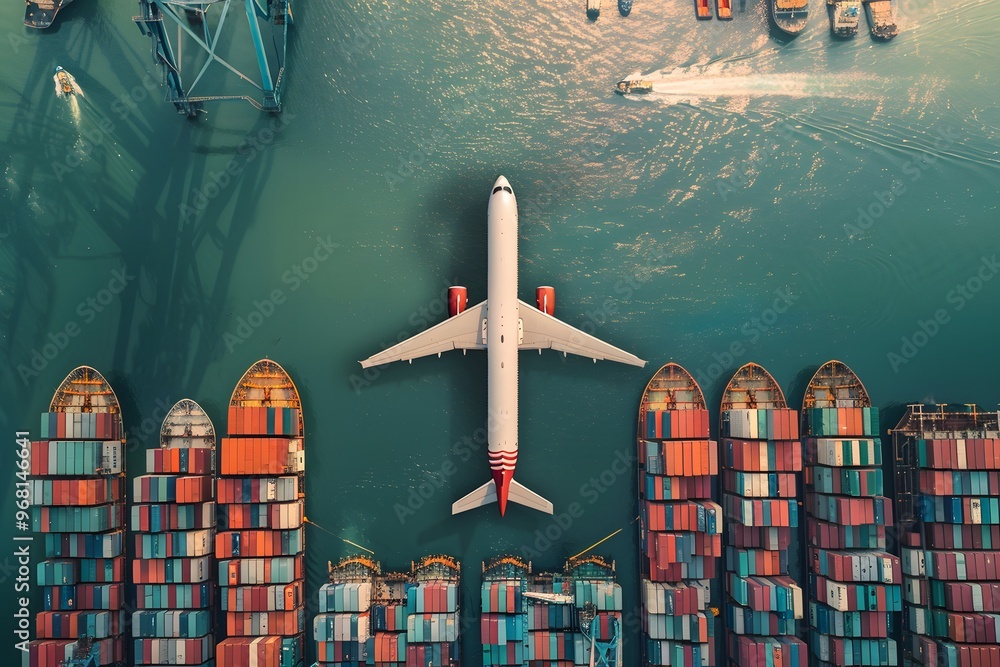 Poster aerial view of an airplane over a busy port with colorful shipping containers