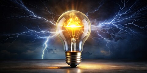 Glowing Light Bulb Against Stormy Sky, Illuminated by Electric Energy, Light, Inspiration, Creativity