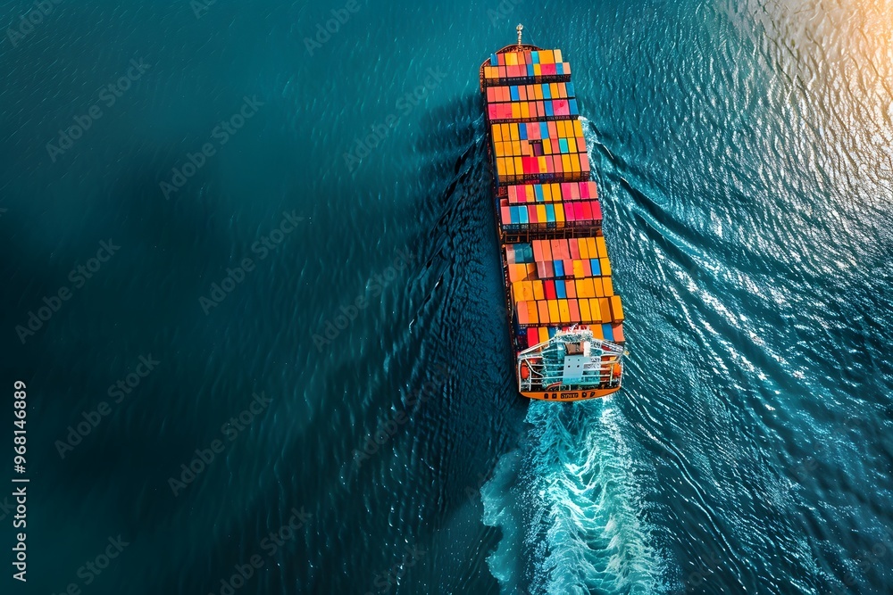 Poster aerial view of a colorful container ship navigating calm waters