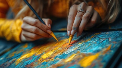 Obraz premium someone holding colored pencils who is painting