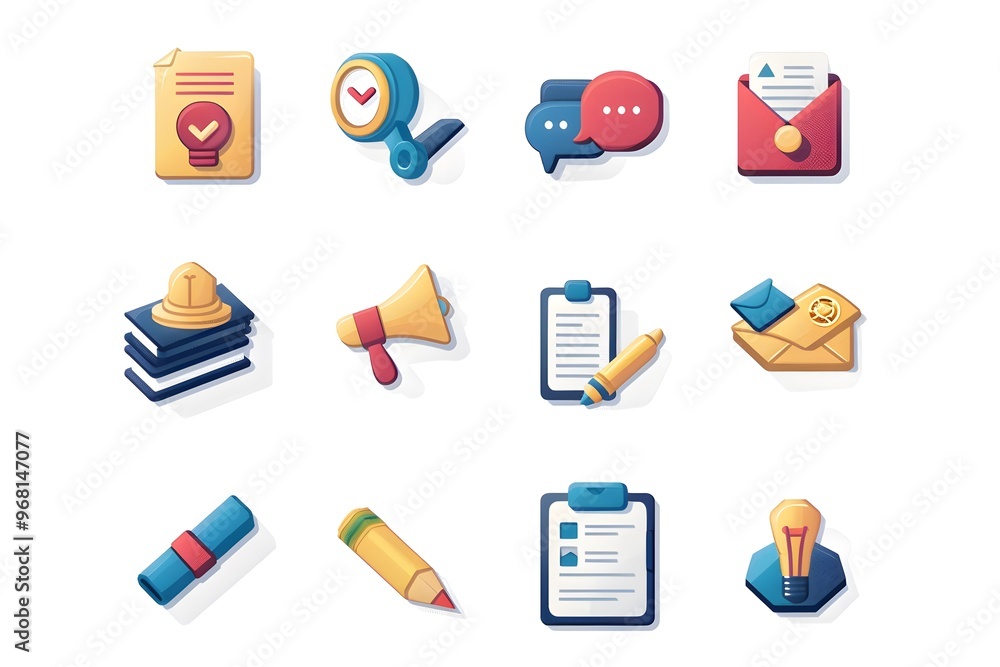 Poster colorful icons representing communication and documentation tools