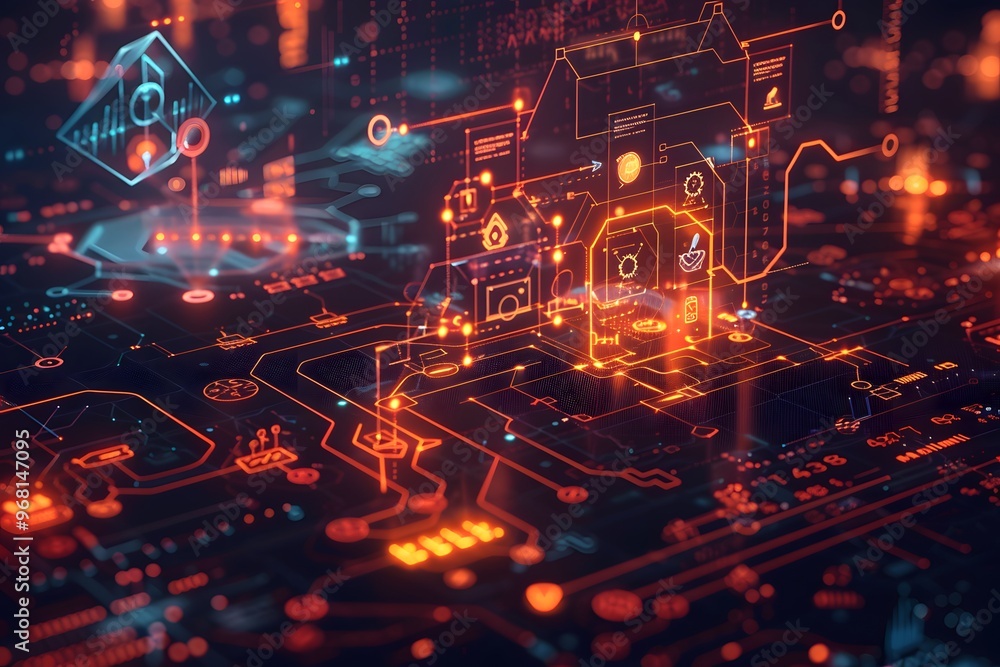 Aufkleber futuristic digital circuitry with glowing icons and data flow