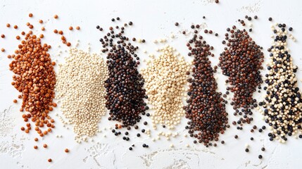 Naklejka premium Assorted quinoa grains on a white surface, top view.