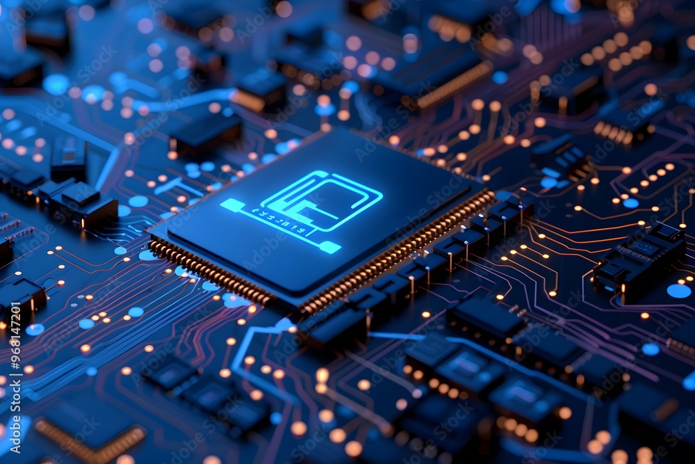 Poster close-up of a modern microchip on a circuit board with glowing blue highlights