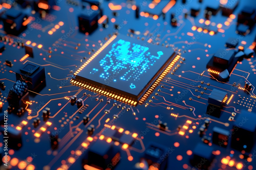 Poster intricate circuit board with glowing microchip and blue patterns