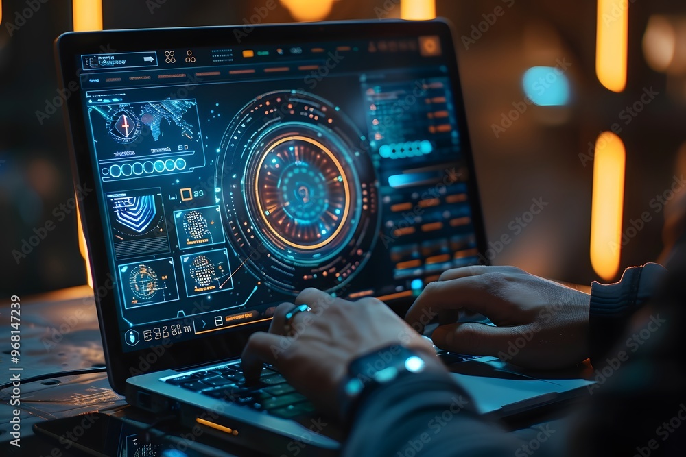 Aufkleber futuristic laptop interface with dynamic data visualization