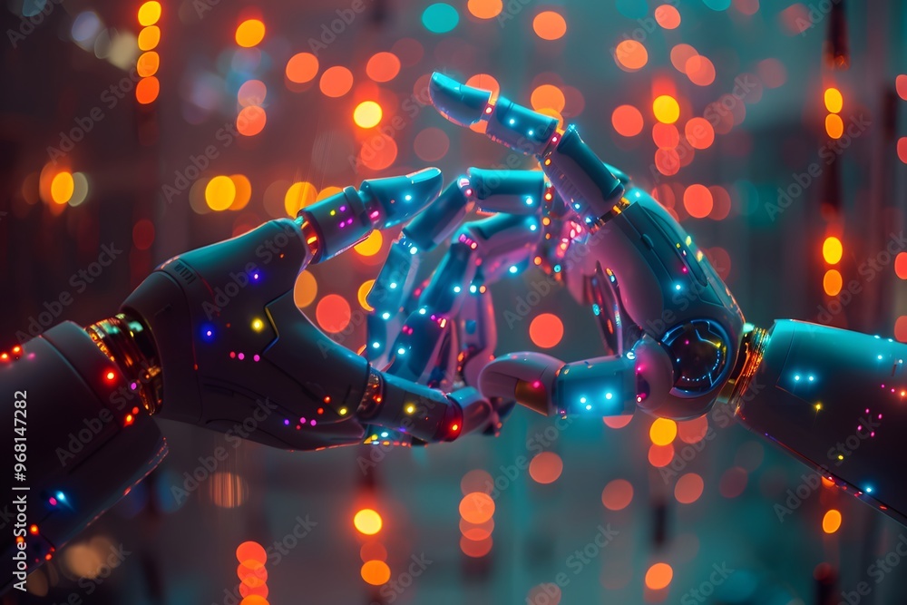 Poster illuminated robotic hands forming a heart shape against a colorful background