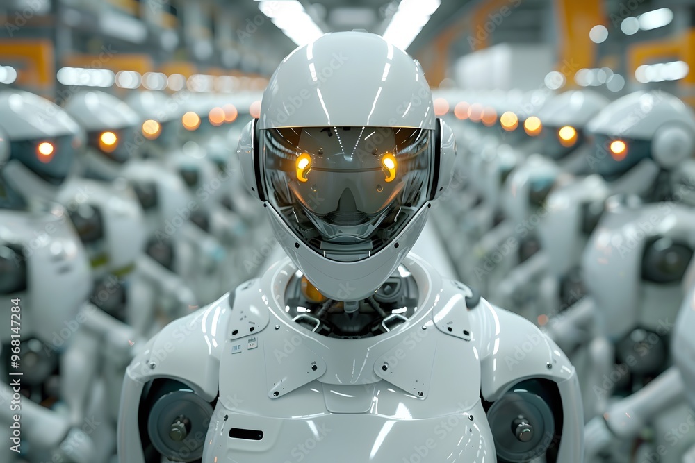 Poster futuristic assembly line of advanced robots with glowing eyes
