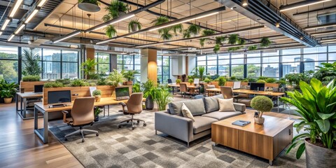 Modern Office Interior with Greenery and City View, Interior Design, Office Space, Urban Landscape