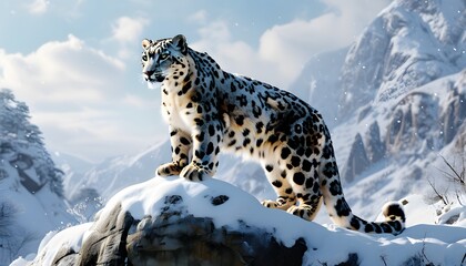 Majestic snow leopard perched on a rocky outcrop amidst a snowy landscape