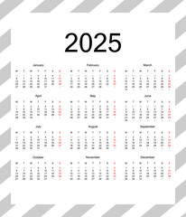 2025 Calendar Grid. Calendar 2024, 2025 year - vector illustration. Week starts on Sunday. Calendar for 2025 years
