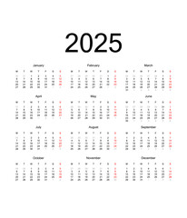 2025 Calendar Grid. Calendar 2024, 2025 year - vector illustration. Week starts on Monday. Calendar for 2025 years