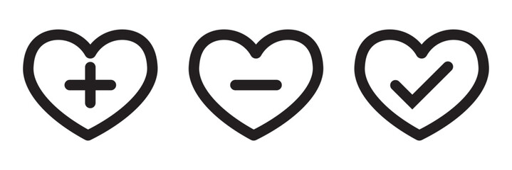 Add to wishlist icon set in flat style. Love with plus symbol vector