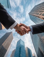 Businessmen in suits shaking hands against a city skyline, symbolizing partnership and agreement