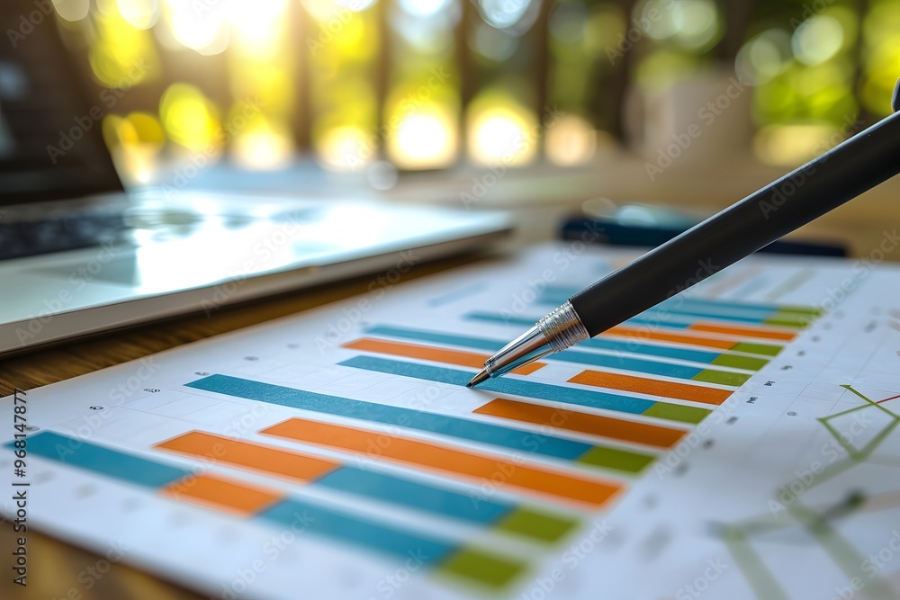 Poster analyzing data trends with colorful bar graphs and a laptop in a bright workspace