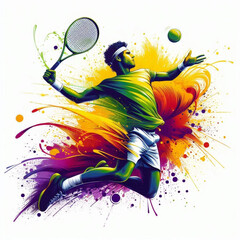 Tennis player serving with a splash of vibrant colorful energy

