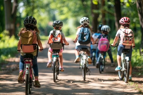 Children with rucksacks riding on bikes in the park near school