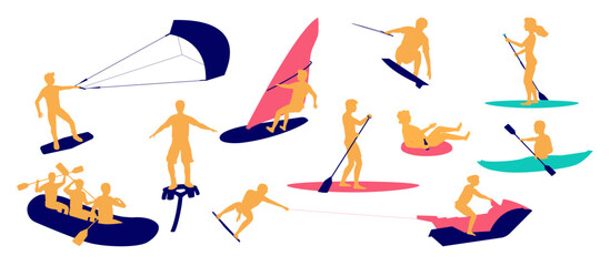 Water extreme sport hobby activity entertainment silhouette set. People enjoying aquatic leisure and healthy active recreation time vector illustration