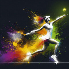 Tennis player serving with a splash of vibrant colorful energy

